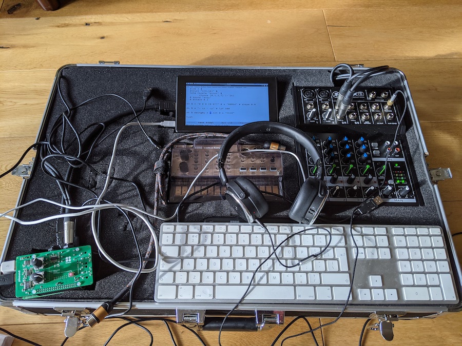 A box of synths and other music making gear