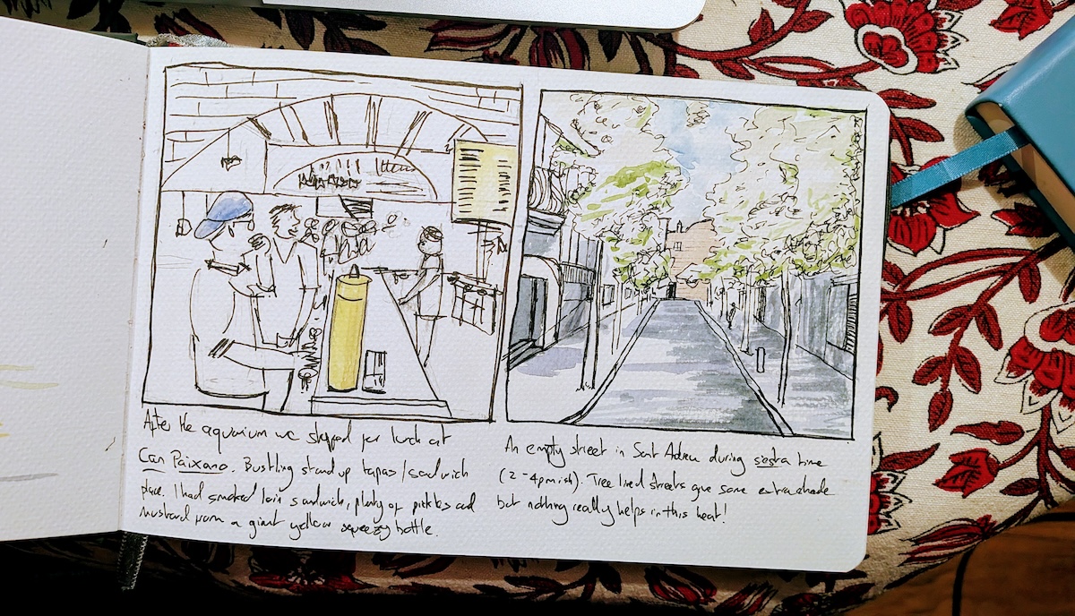 A page from my sketchbook with two sketches made in Barcelona. One of sandwich shop Can Paixano the other of a tree-lined street in Sant Adreu. 