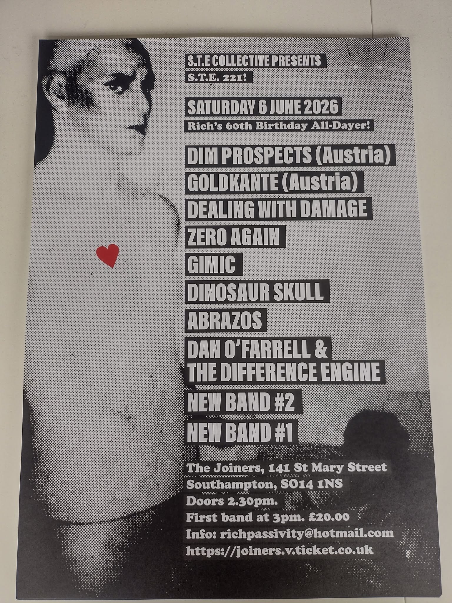 A flyer promoting Rich's 60th brithday all-dayer at the Joiners Arms, Southampton. Saturday 6 June 2026. S.T.E gig 221.